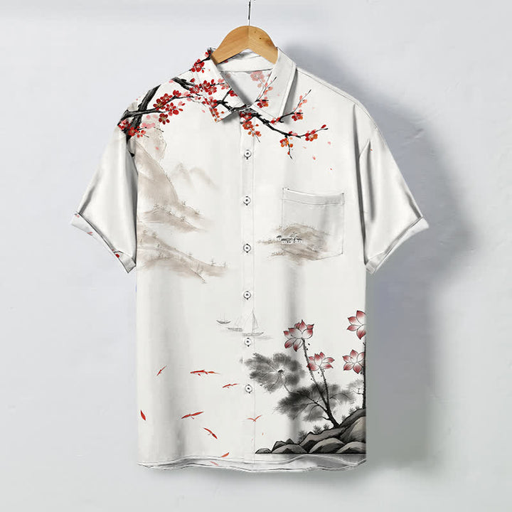 Buddha Stones Chemise à manches courtes respirante pour homme, motif floral rouge et paysage à l'encre - Blanc - US/UK/AU48，EU58 (4XL) - image 0