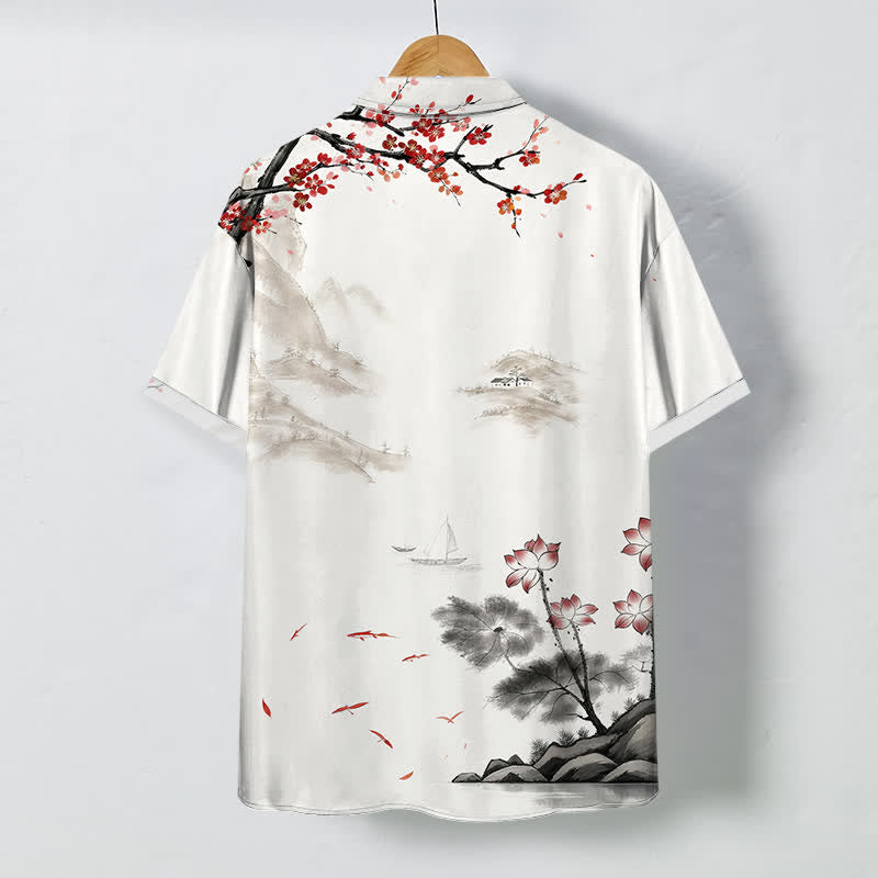 Buddha Stones Chemise à manches courtes respirante pour homme, motif floral rouge et paysage à l'encre - image 1