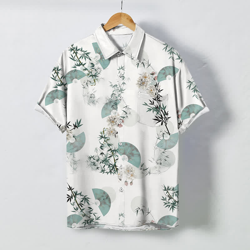 Buddha Stones Chemise à manches courtes respirante pour homme, motif fleurs de bambou et menthe, boutons - Blanc - US/UK/AU48，EU58 (4XL) - image 0