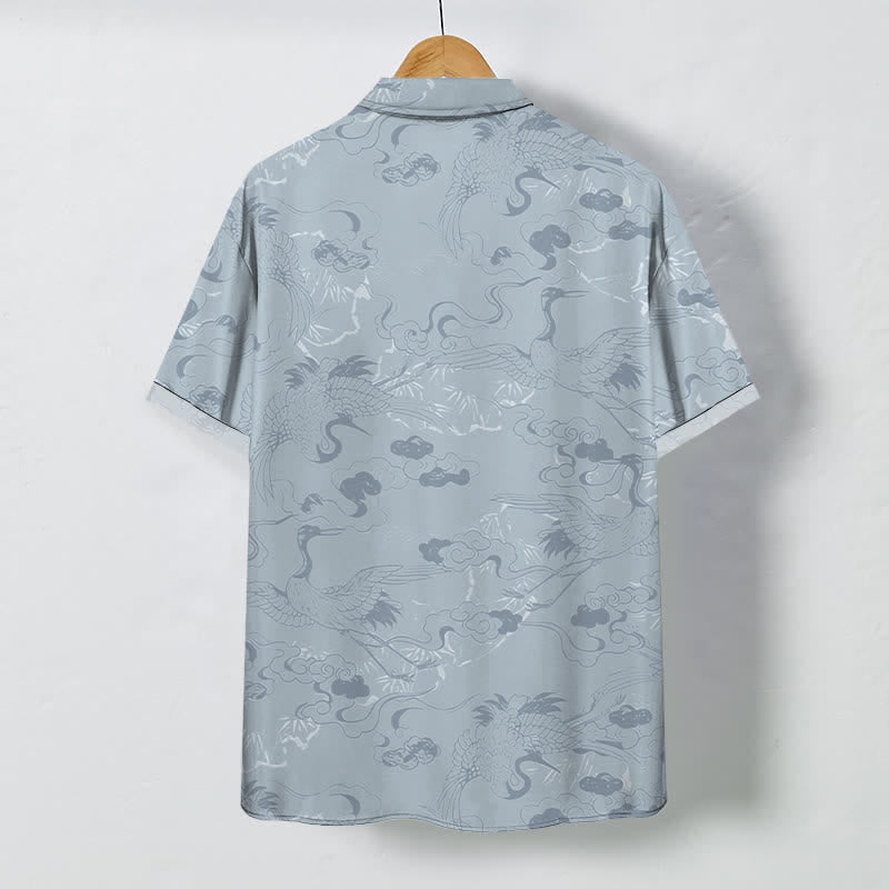 Buddha Stones Chemise à manches courtes respirante pour homme avec boutons à motif de grue dans les nuages - image 1