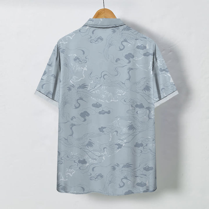 Buddha Stones Chemise à manches courtes respirante pour homme avec boutons à motif de grue dans les nuages - image 1