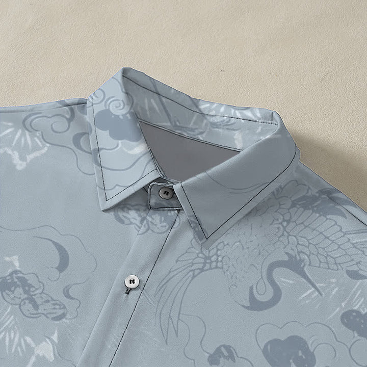 Buddha Stones Chemise à manches courtes respirante pour homme avec boutons à motif de grue dans les nuages - image 2