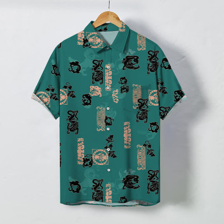 Buddha Stones Chemise à manches courtes respirante pour homme, à boutons et motif lettres turquoise vintage - Sarcelle - US/UK/AU48，EU58 (4XL) - image 0