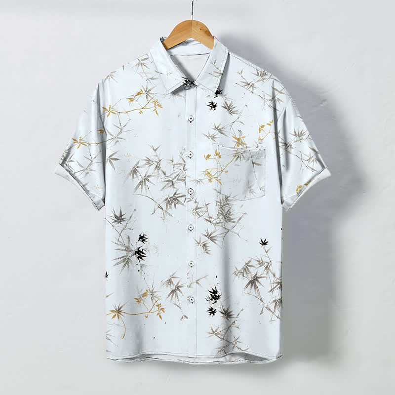 Buddha Stones Chemise à manches courtes respirante pour homme avec boutons à motif de feuilles de bambou à l'encre - Blanc - US/UK/AU48，EU58 (4XL) - image 0