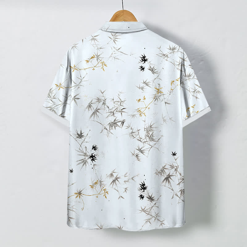 Buddha Stones Chemise à manches courtes respirante pour homme avec boutons à motif de feuilles de bambou à l'encre - image 1