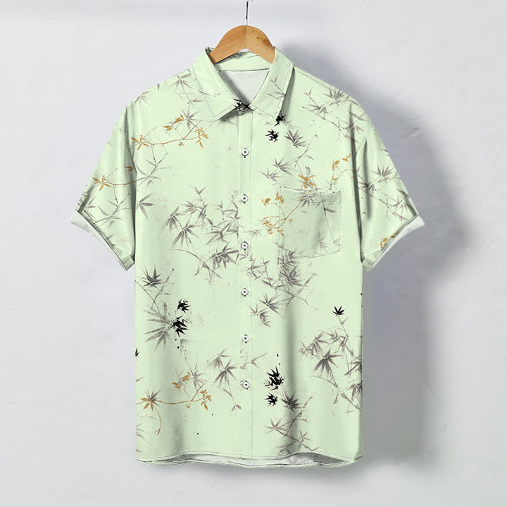 Buddha Stones Chemise à manches courtes respirante pour homme avec boutons à motif de feuilles de bambou à l'encre - Melon miellat - US/UK/AU48，EU58 (4XL) - image 3