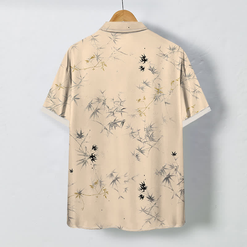Buddha Stones Chemise à manches courtes respirante pour homme avec boutons à motif de feuilles de bambou à l'encre - image 6