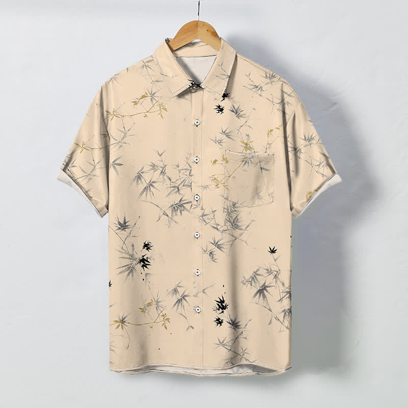 Buddha Stones Chemise à manches courtes respirante pour homme avec boutons à motif de feuilles de bambou à l'encre - Blé - US/UK/AU48，EU58 (4XL) - image 5