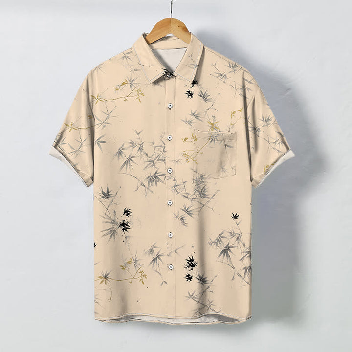 Buddha Stones Chemise à manches courtes respirante pour homme avec boutons à motif de feuilles de bambou à l'encre - Blé - US/UK/AU48，EU58 (4XL) - image 5