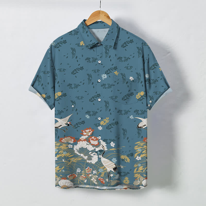 Buddha Stones Chemise à manches courtes respirante pour homme avec boutons à motif floral de grues - SteelBlue - US/UK/AU48，EU58 (4XL) - image 0