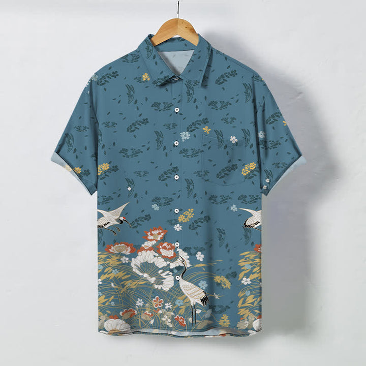 Buddha Stones Chemise à manches courtes respirante pour homme avec boutons à motif floral de grues - SteelBlue - US/UK/AU48，EU58 (4XL) - image 0