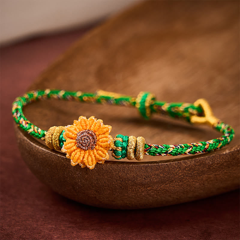Buddha Stones Bracelet tournesol tissé à la main en cordelette verte et jaune colorée, symbole d'espoir - Tournesol (Tour de poignet : 14-19 cm) - image 0