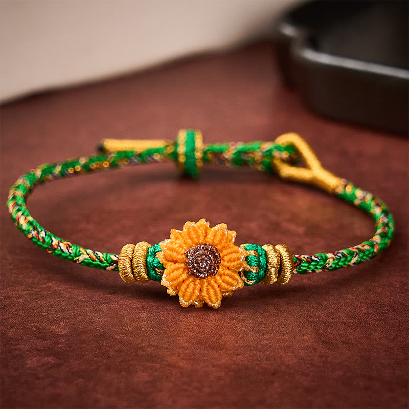 Buddha Stones Bracelet tournesol tissé à la main en cordelette verte et jaune colorée, symbole d'espoir - image 1
