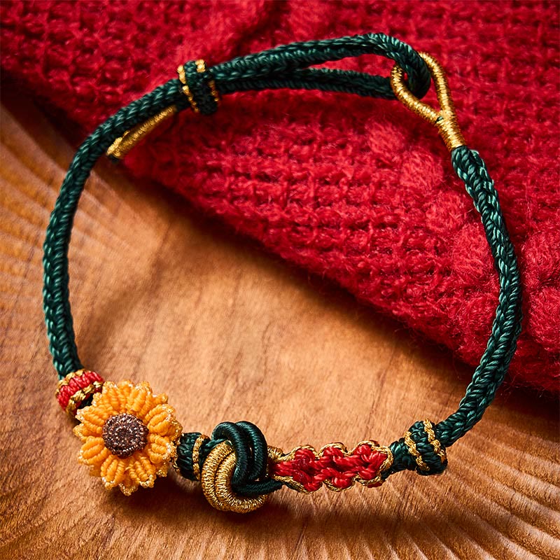 Buddha Stones Bracelet porte-bonheur tissé à la main en fil rouge, motif fleurs de pêcher et tournesol - image 1
