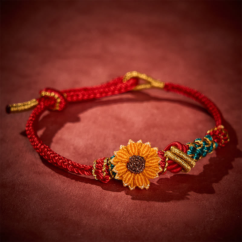 Buddha Stones Bracelet porte-bonheur tissé à la main en fil rouge, motif fleurs de pêcher et tournesol - image 14