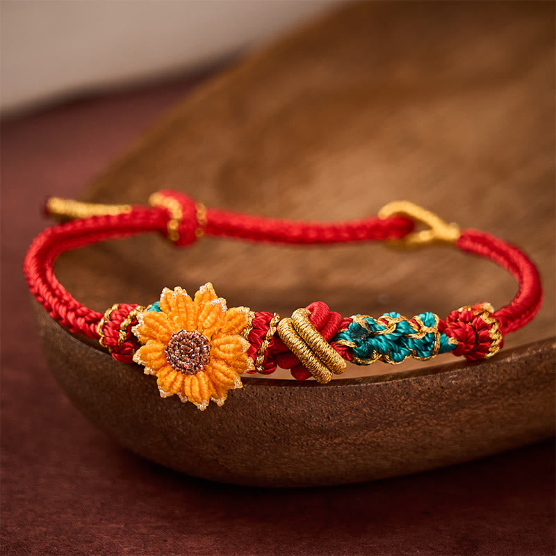 Buddha Stones Bracelet porte-bonheur tissé à la main en fil rouge, motif fleurs de pêcher et tournesol - image 13