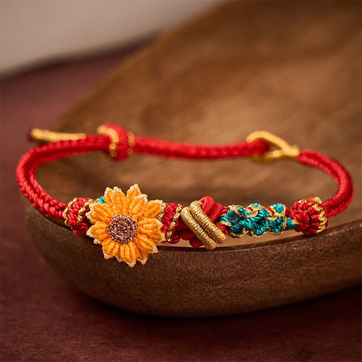 Buddha Stones Bracelet porte-bonheur tissé à la main en fil rouge, motif fleurs de pêcher et tournesol - image 13