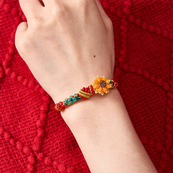 Buddha Stones Bracelet porte-bonheur tissé à la main en fil rouge, motif fleurs de pêcher et tournesol - image 16
