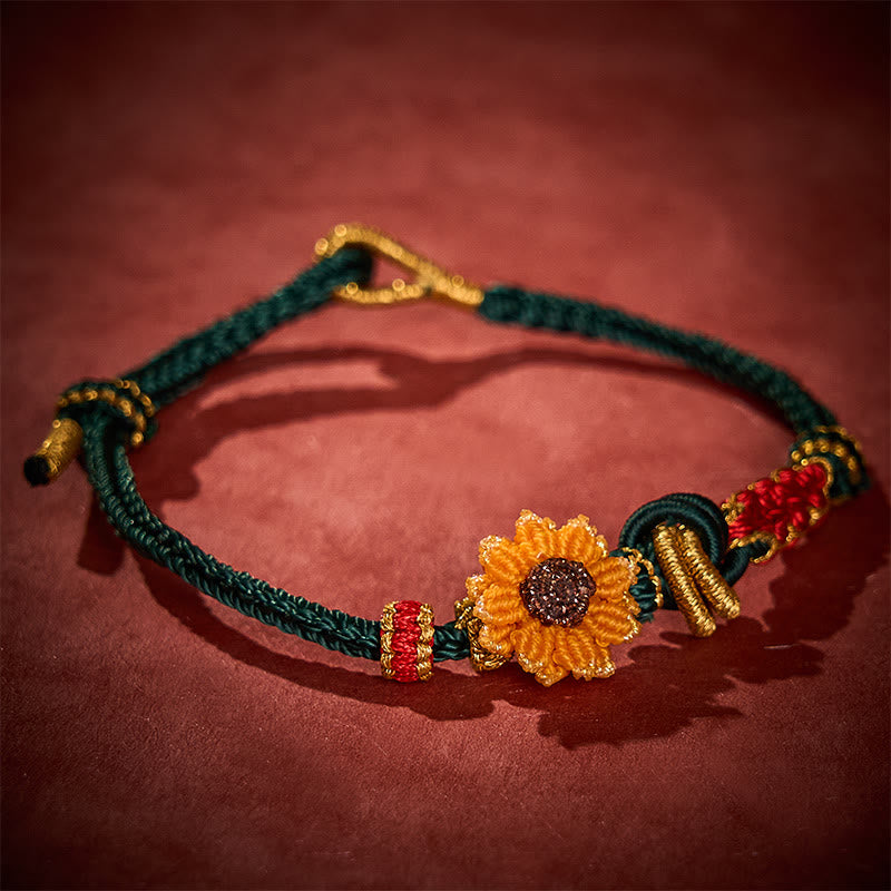 Buddha Stones Bracelet porte-bonheur tissé à la main en fil rouge, motif fleurs de pêcher et tournesol - image 2