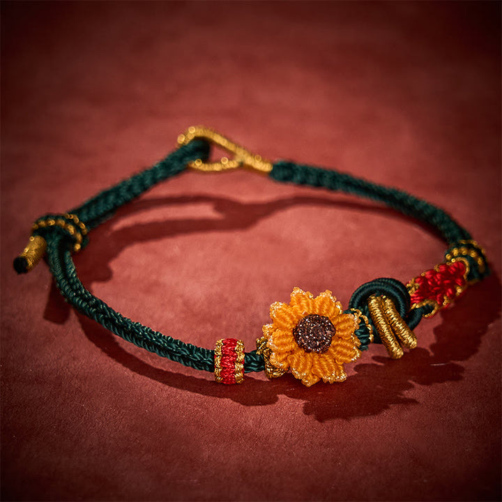 Buddha Stones Bracelet porte-bonheur tissé à la main en fil rouge, motif fleurs de pêcher et tournesol - image 2
