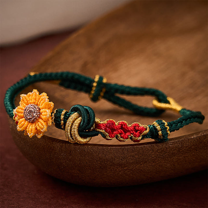 Buddha Stones Bracelet porte-bonheur tissé à la main en fil rouge, motif fleurs de pêcher et tournesol - image 4