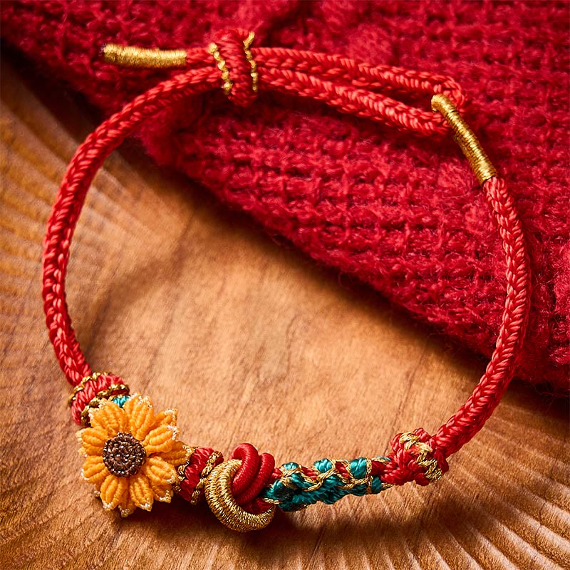 Buddha Stones Bracelet porte-bonheur tissé à la main en fil rouge, motif fleurs de pêcher et tournesol - image 12