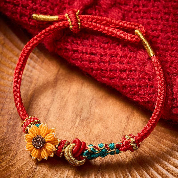 Buddha Stones Bracelet porte-bonheur tissé à la main en fil rouge, motif fleurs de pêcher et tournesol - image 12