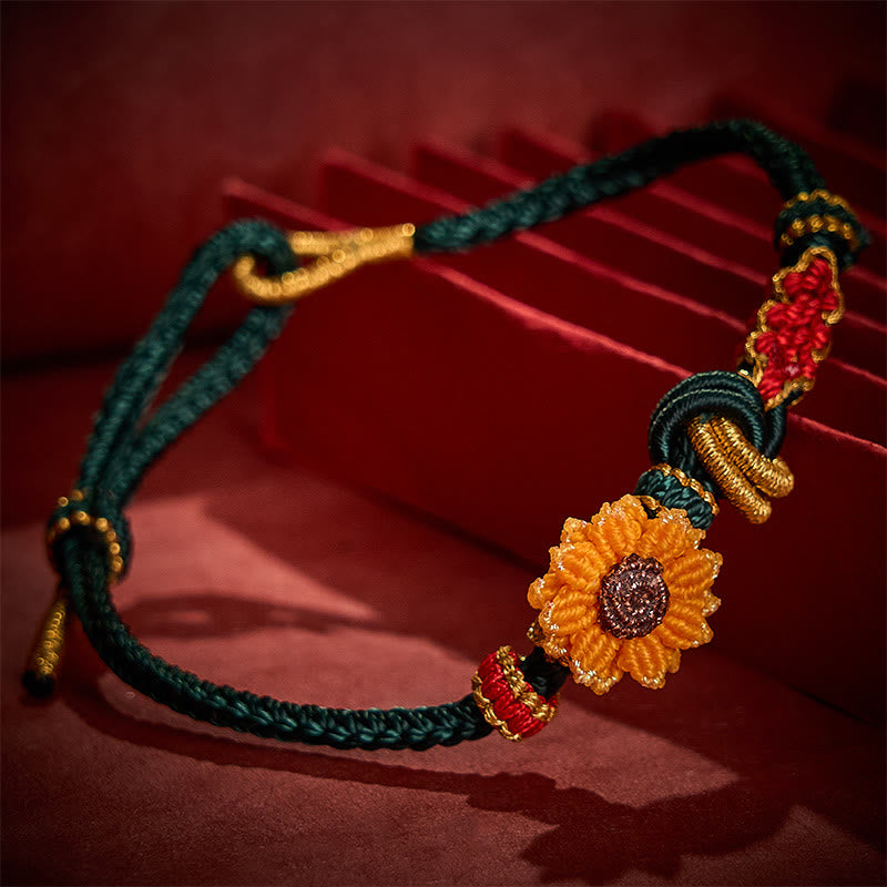 Buddha Stones Bracelet porte-bonheur tissé à la main en fil rouge, motif fleurs de pêcher et tournesol - image 3