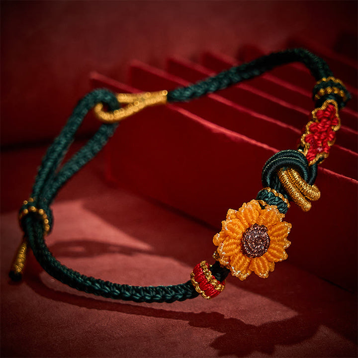 Buddha Stones Bracelet porte-bonheur tissé à la main en fil rouge, motif fleurs de pêcher et tournesol - image 3