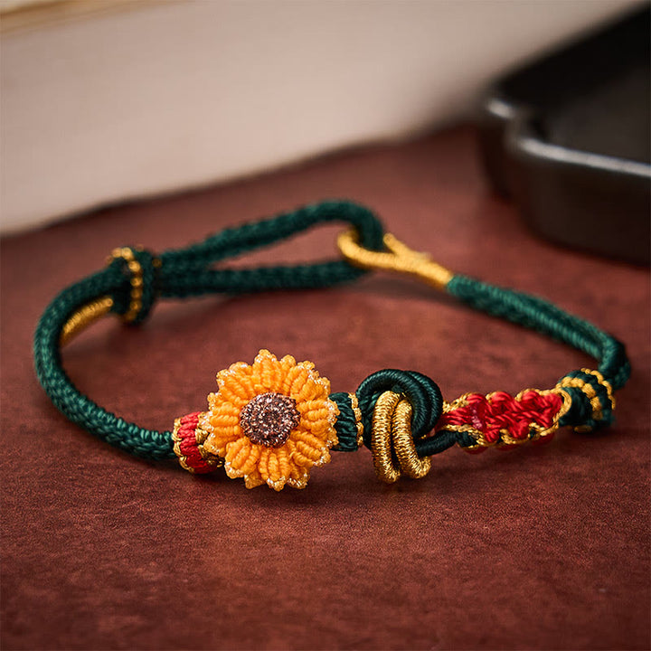 Buddha Stones Bracelet porte-bonheur tissé à la main en fil rouge, motif fleurs de pêcher et tournesol - Vert (Tour de poignet : 14-19 cm) - image 0