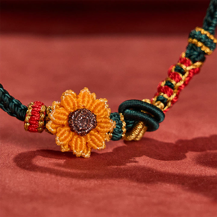 Buddha Stones Bracelet porte-bonheur tissé à la main en fil rouge, motif fleurs de pêcher et tournesol - image 10