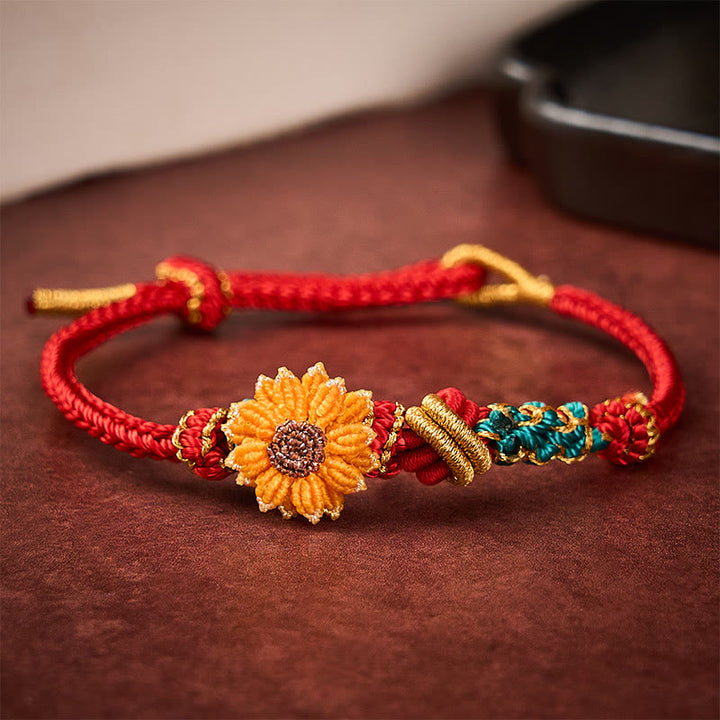 Buddha Stones Bracelet porte-bonheur tissé à la main en fil rouge, motif fleurs de pêcher et tournesol - Rouge (Tour de poignet : 14-19 cm) - image 11