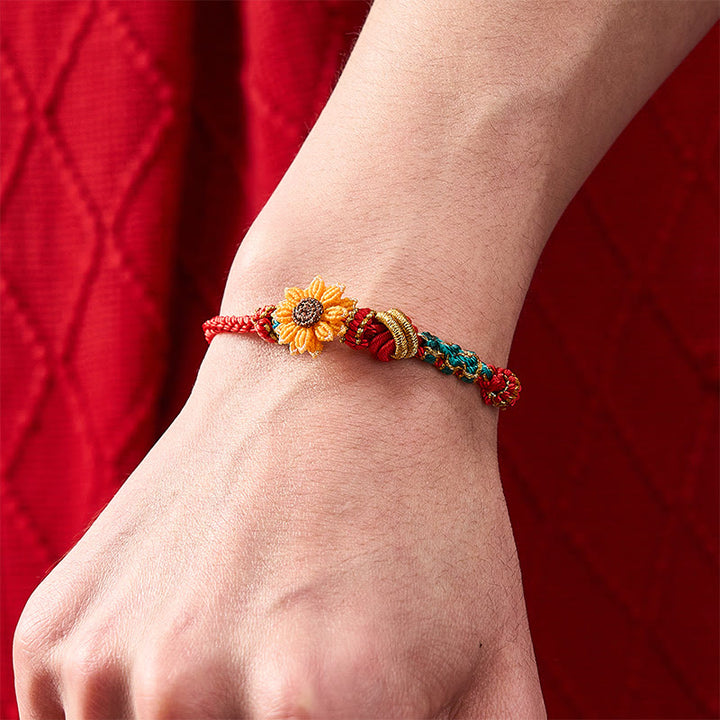Buddha Stones Bracelet porte-bonheur tissé à la main en fil rouge, motif fleurs de pêcher et tournesol - image 17