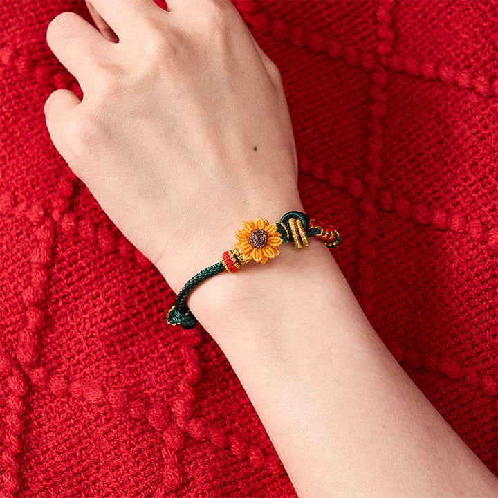 Buddha Stones Bracelet porte-bonheur tissé à la main en fil rouge, motif fleurs de pêcher et tournesol - image 8