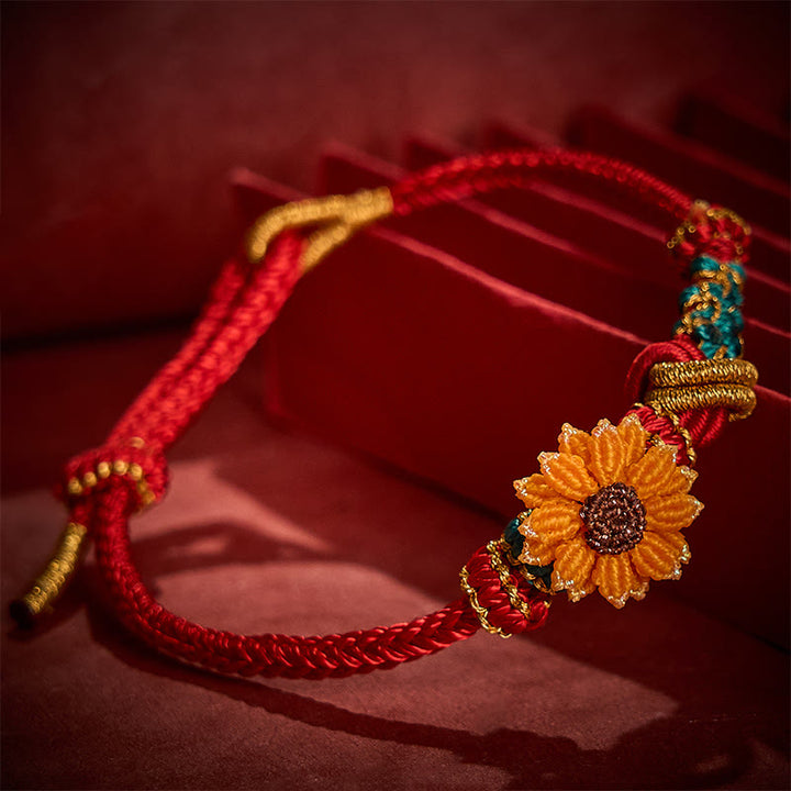 Buddha Stones Bracelet porte-bonheur tissé à la main en fil rouge, motif fleurs de pêcher et tournesol - image 15