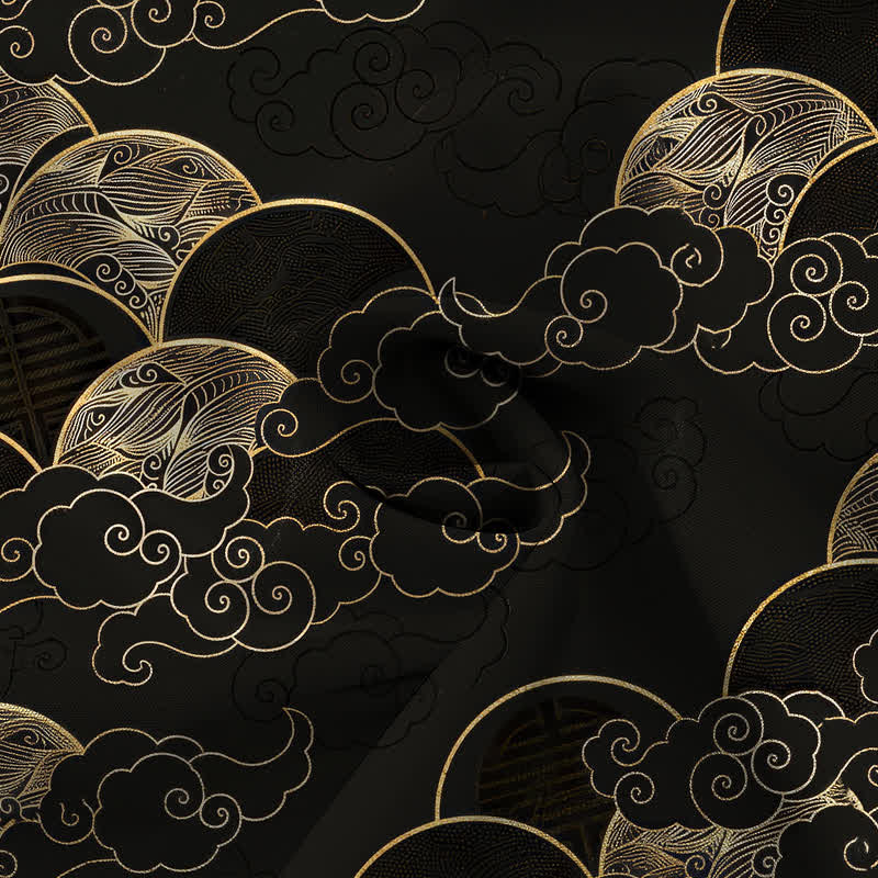 Buddha Stones Chemise à manches courtes respirante pour homme, motif vagues et lune, avec boutons dorés - image 4