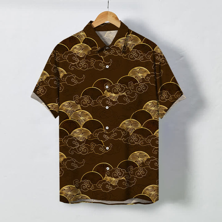 Buddha Stones Chemise à manches courtes respirante pour homme, motif vagues et lune, avec boutons dorés - SaddleBrown - US/UK/AU48，EU58 (4XL) - image 5