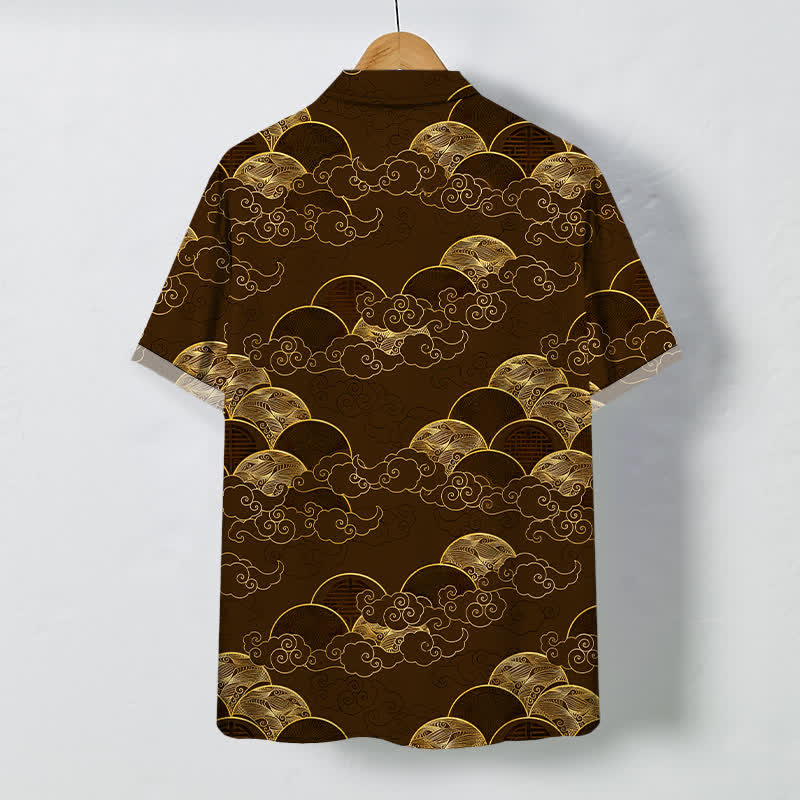 Buddha Stones Chemise à manches courtes respirante pour homme, motif vagues et lune, avec boutons dorés - image 6