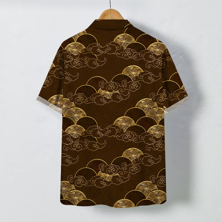 Buddha Stones Chemise à manches courtes respirante pour homme, motif vagues et lune, avec boutons dorés - image 6