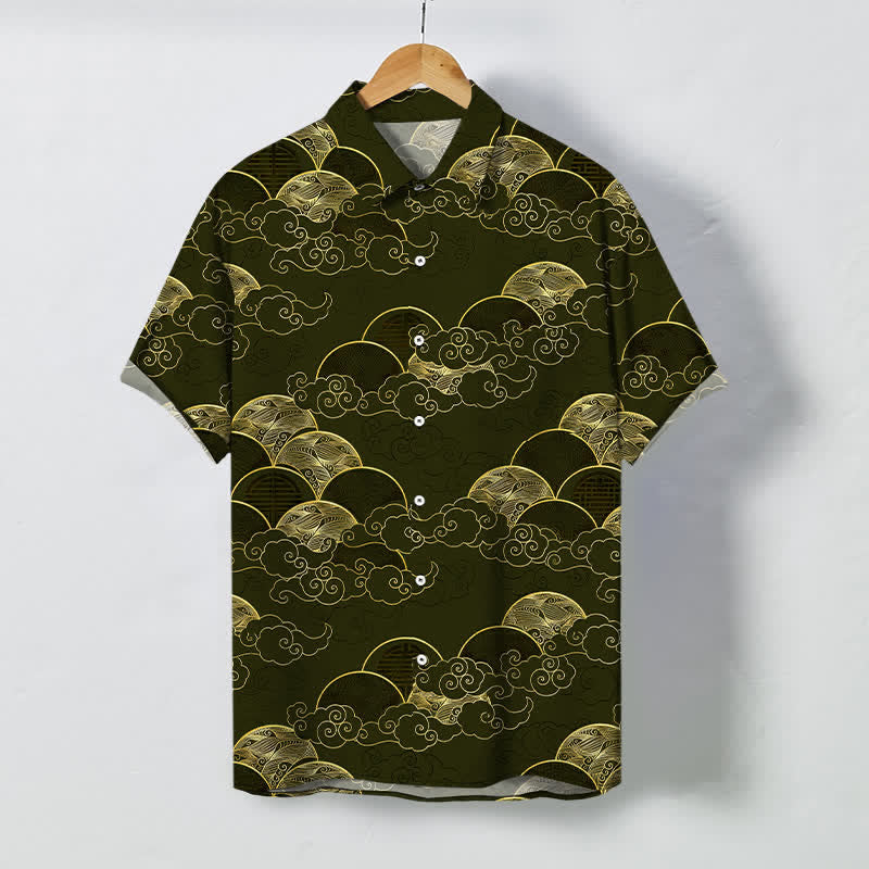 Buddha Stones Chemise à manches courtes respirante pour homme, motif vagues et lune, avec boutons dorés - Vert olive foncé - US/UK/AU48，EU58 (4XL) - image 7