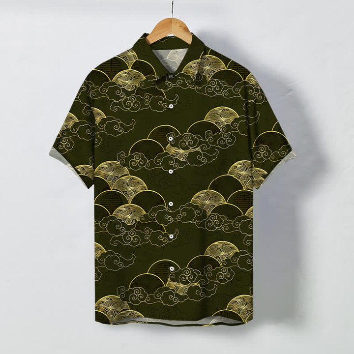 Buddha Stones Chemise à manches courtes respirante pour homme, motif vagues et lune, avec boutons dorés - Vert olive foncé - US/UK/AU48，EU58 (4XL) - image 7