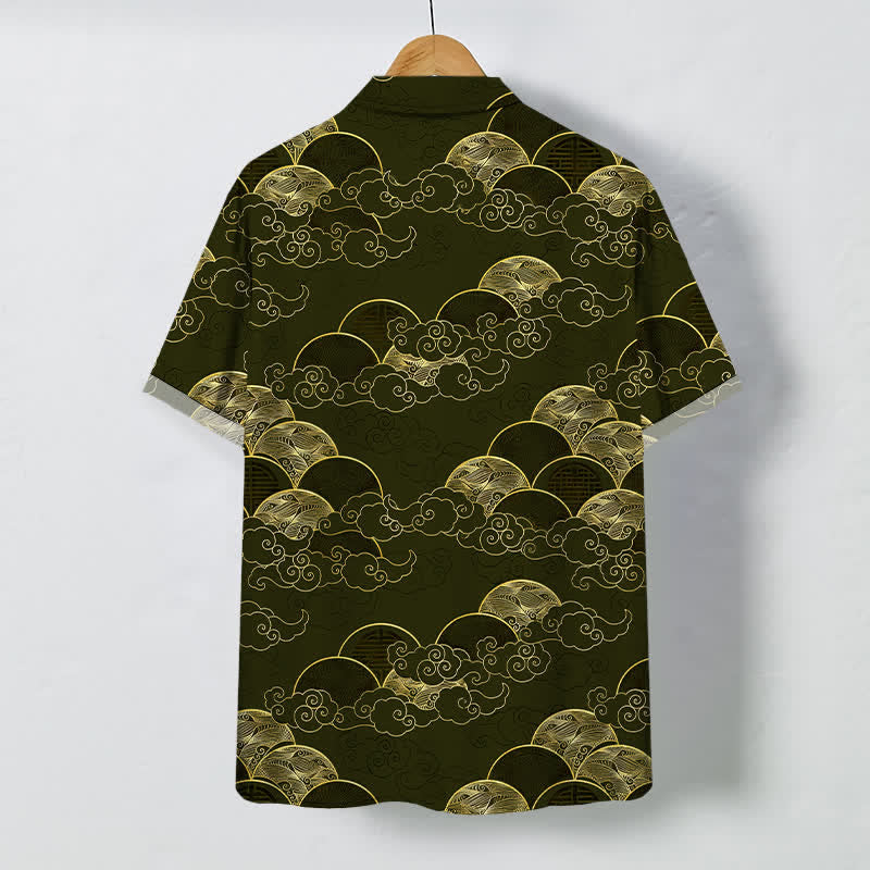 Buddha Stones Chemise à manches courtes respirante pour homme, motif vagues et lune, avec boutons dorés - image 8