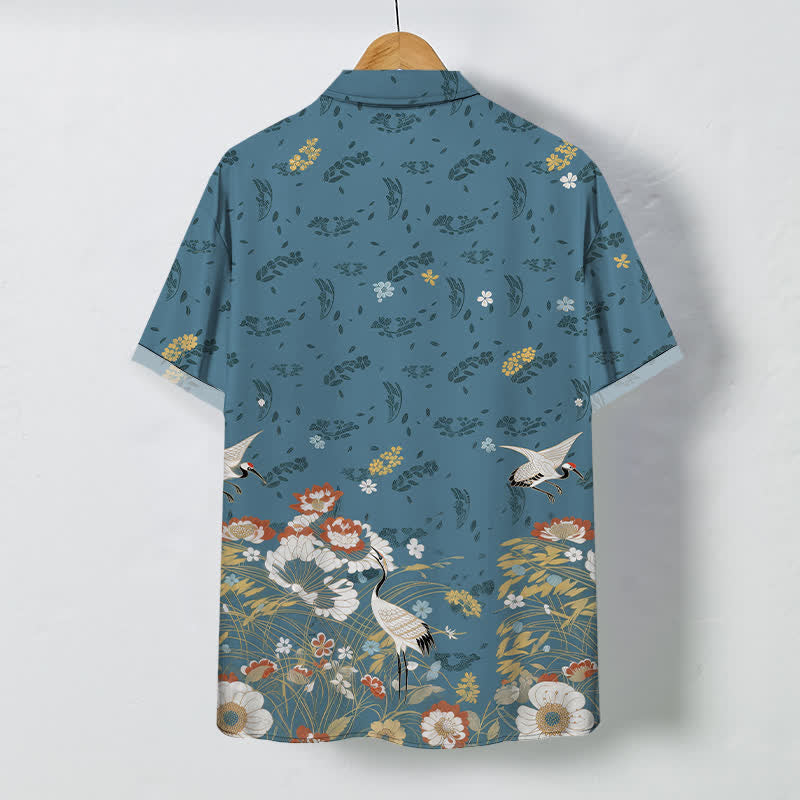 Buddha Stones Chemise à manches courtes respirante pour homme avec boutons à motif floral de grues - image 1