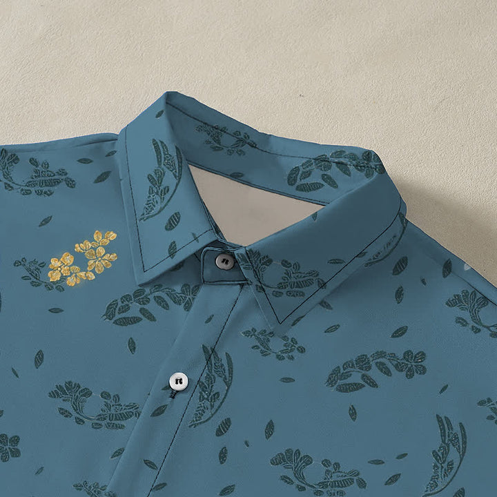 Buddha Stones Chemise à manches courtes respirante pour homme avec boutons à motif floral de grues - image 2