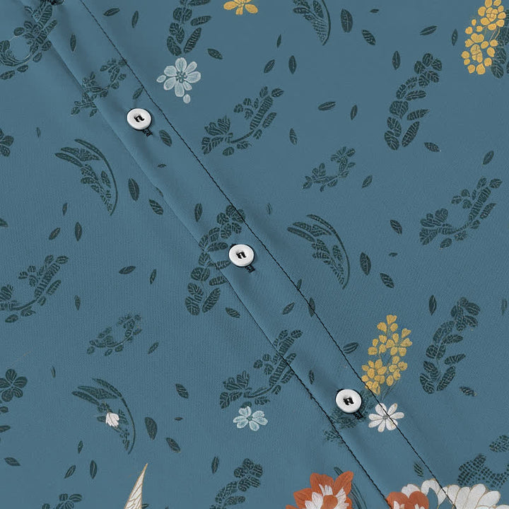 Buddha Stones Chemise à manches courtes respirante pour homme avec boutons à motif floral de grues - image 3