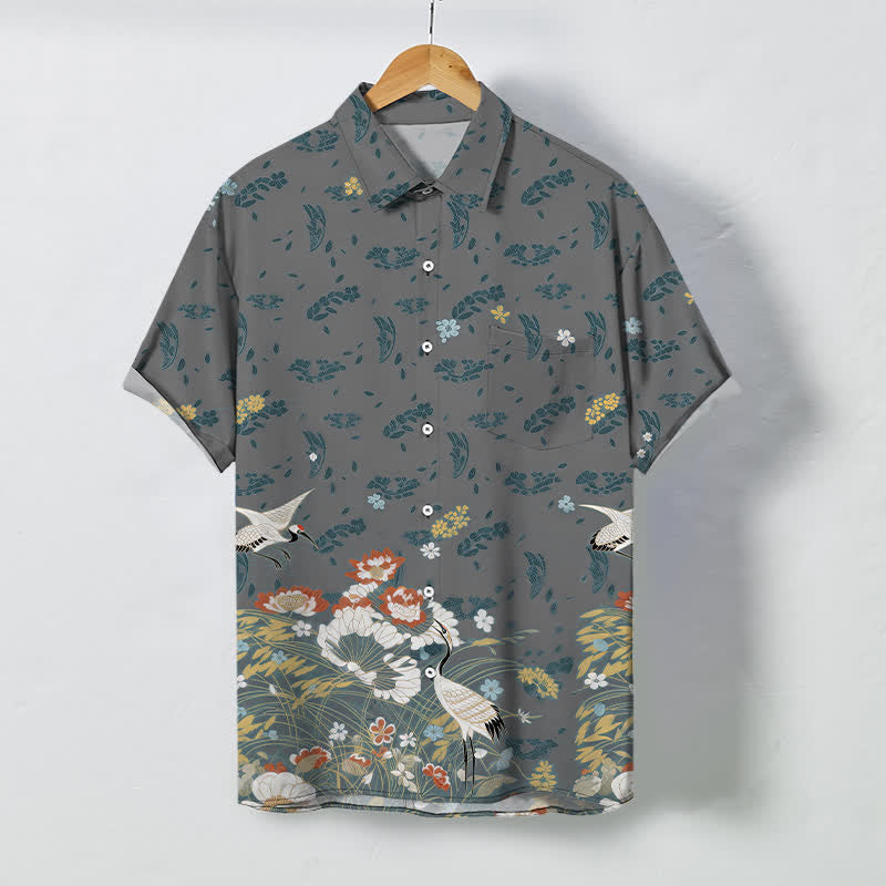 Buddha Stones Chemise à manches courtes respirante pour homme avec boutons à motif floral de grues - Gris - US/UK/AU48，EU58 (4XL) - image 5