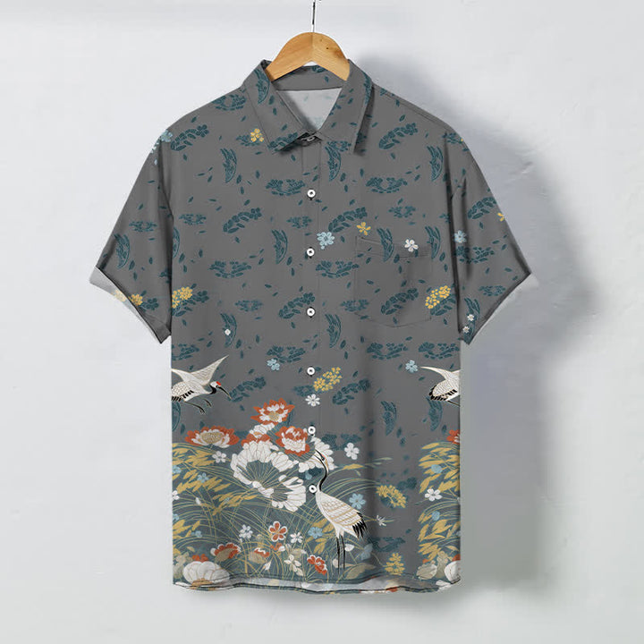Buddha Stones Chemise à manches courtes respirante pour homme avec boutons à motif floral de grues - Gris - US/UK/AU48，EU58 (4XL) - image 5