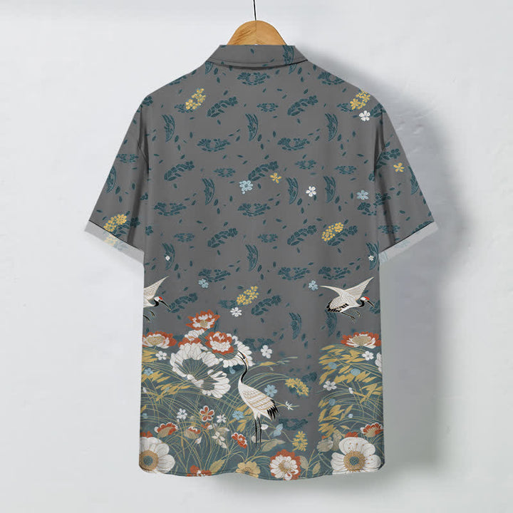 Buddha Stones Chemise à manches courtes respirante pour homme avec boutons à motif floral de grues - image 6