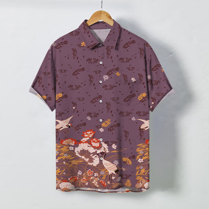 Buddha Stones Chemise à manches courtes respirante pour homme avec boutons à motif floral de grues - Rouge violet moyen - US/UK/AU48，EU58 (4XL) - image 7