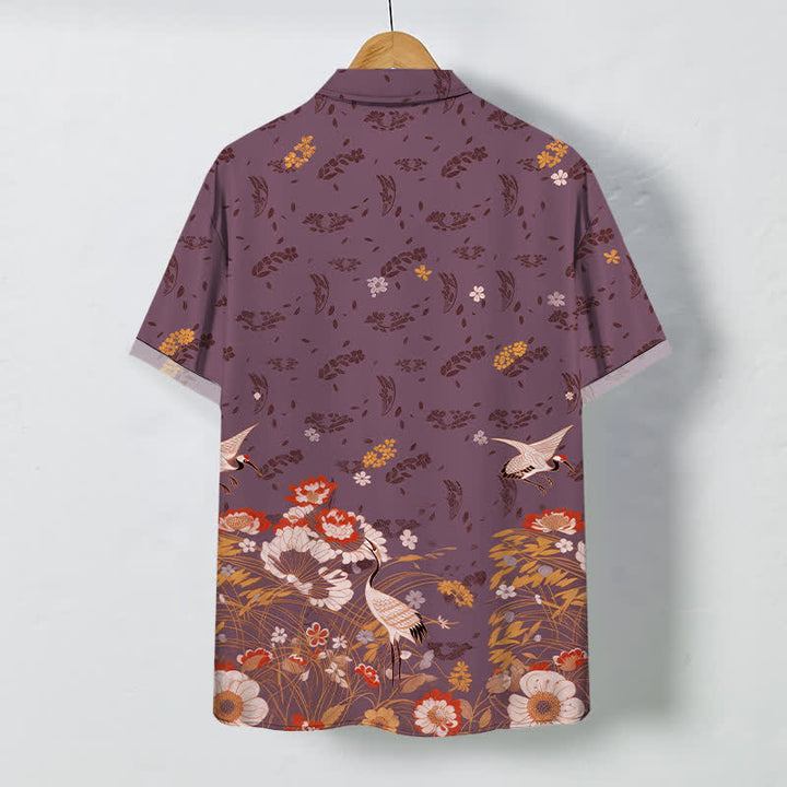 Buddha Stones Chemise à manches courtes respirante pour homme avec boutons à motif floral de grues - image 8